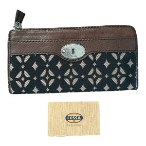 FOSSIL Key-Per Brown Leather Zip Wallet Black And Gold Pattern